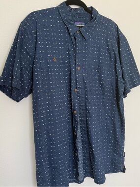 Patagonia Navy Short-Sleeve Button-Down with Subtle Dot Pattern